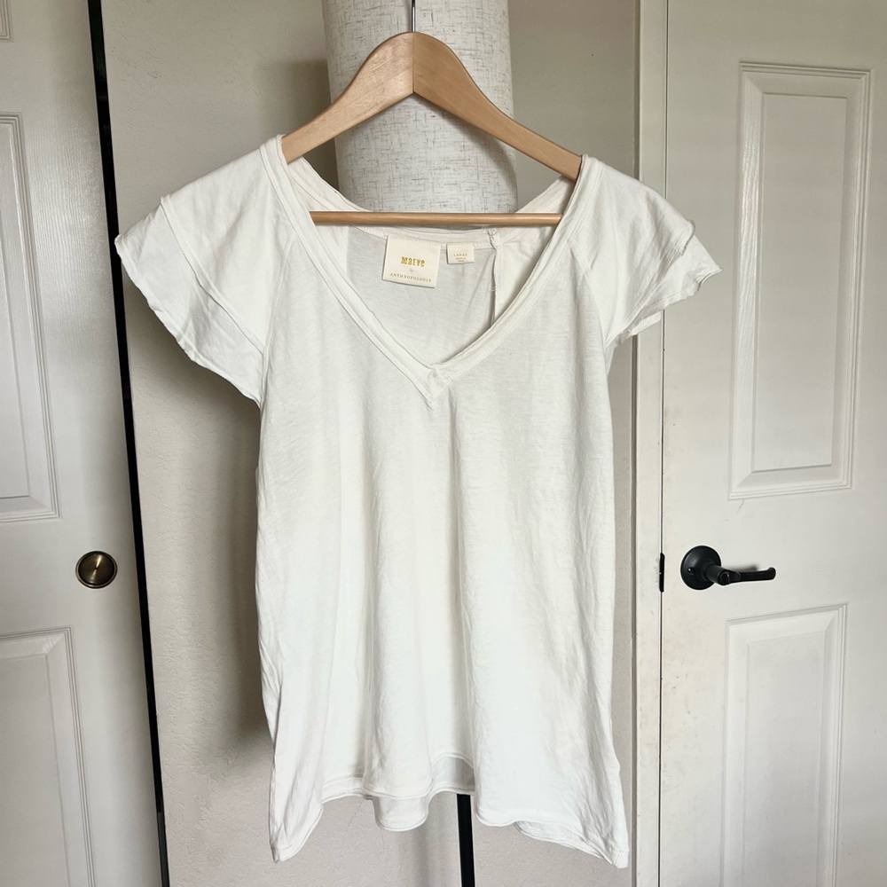 Anthropologie Maeve White V-Neck Short Sleeve Tee